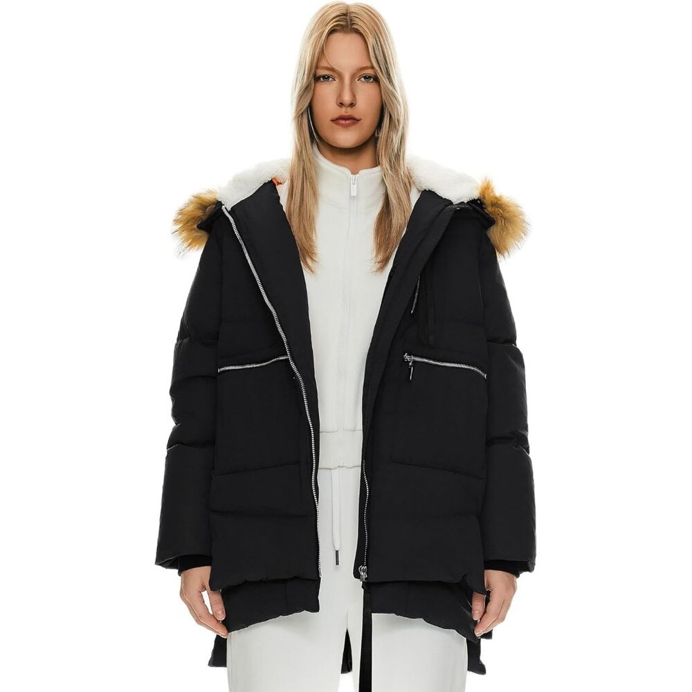 Women's Black Faux Fur Trim Clothing Down Vest Jacket Warm Fleece Lined Hood